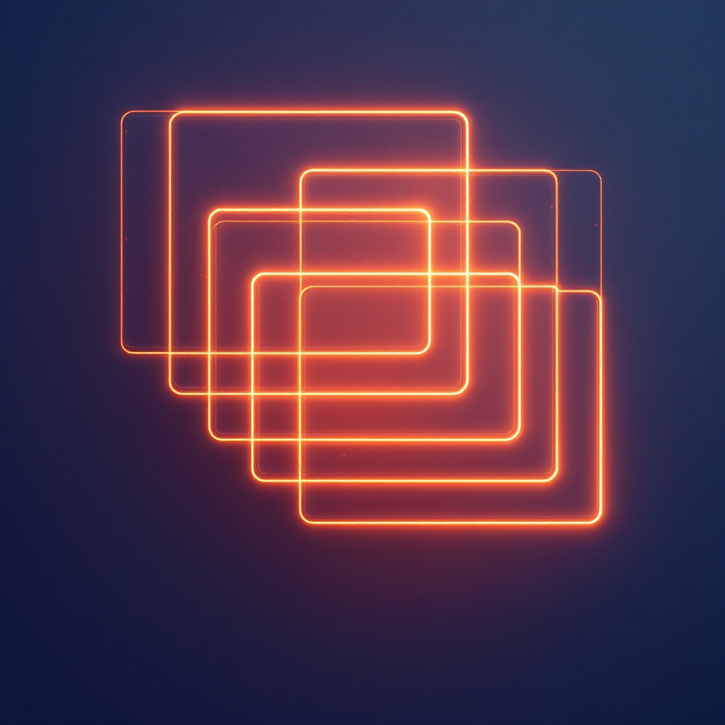 Four stacked window frames offset step by step, the frontmost one glowing brightest — as a glowing low-poly illustration.
