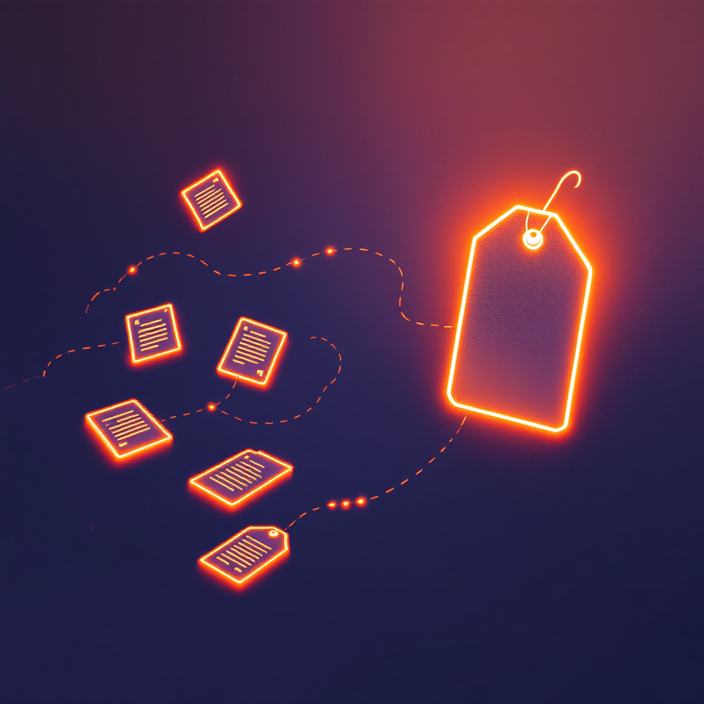 Verstreute Dokument-Knoten, deren Lichtpfade auf einem einzelnen Anhänger zusammenlaufen — als leuchtende Low-Poly-Illustration.