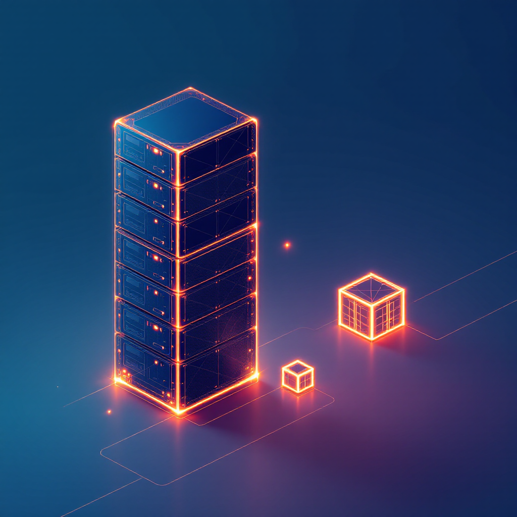 Ein Server-Turm aus glühenden Low-Poly-Ebenen, aus dem Lichtpfade zu zwei hervorgehobenen Container-Knoten laufen — als leuchtende Low-Poly-Illustration.