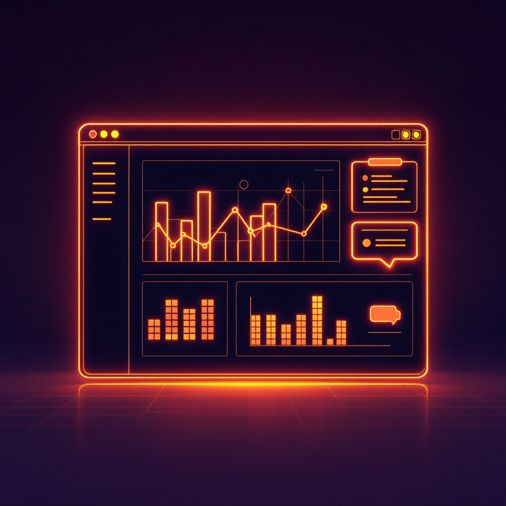 Ein Dashboard aus Balken, Linien und einer Heatmap neben einer kleinen Sprechblase, als leuchtende Low-Poly-Illustration.