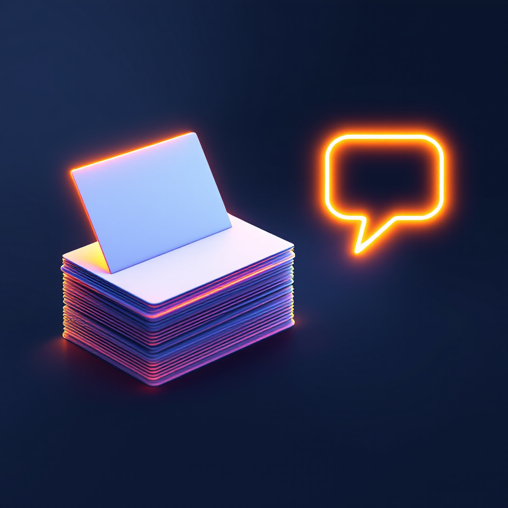 Ein Stapel Karteikarten, von denen eine herausgehoben ist und einen Lichtpfad zu einer Sprechblase zieht, als leuchtende Low-Poly-Illustration.