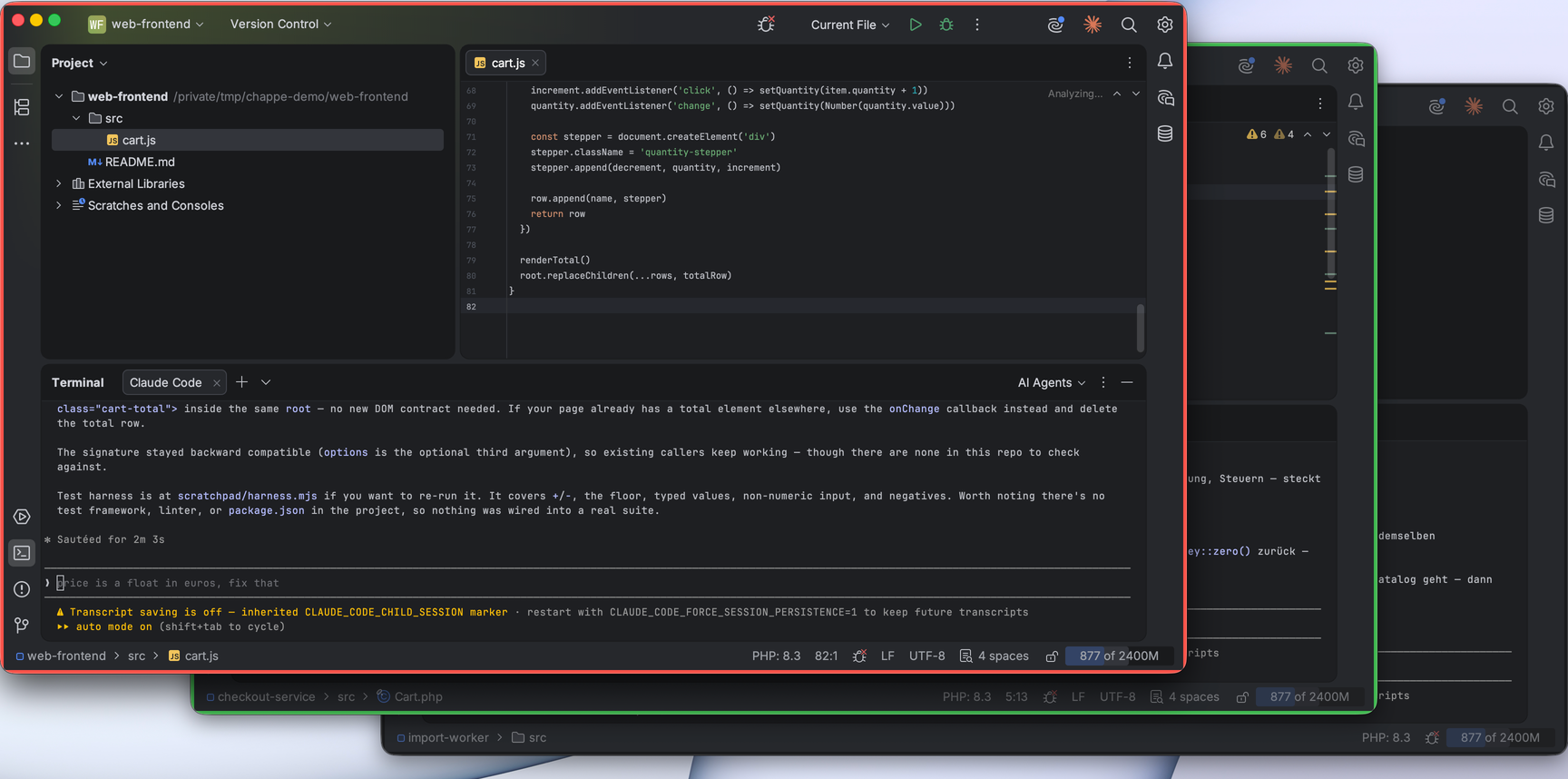 Three stacked PhpStorm windows, the front one with a red border, the two behind it with green borders.
