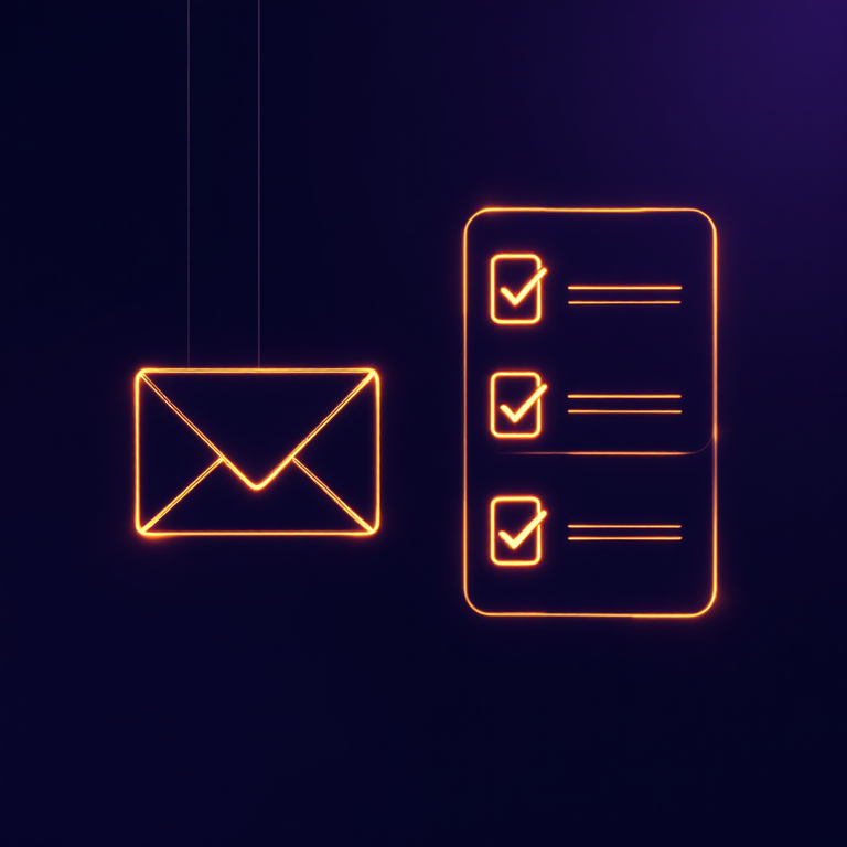 Eine E-Mail, aus der strukturierte Aufgaben mit Häkchen entstehen — als leuchtende Low-Poly-Illustration.