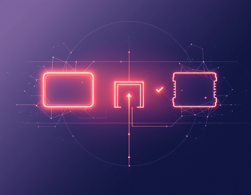 A task suggestion that only becomes a ticket after a human approval, while a discarded path fades out — as a glowing low-poly illustration.